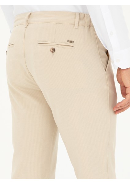Erkek Bej Slim Fit Kanvas Çizgili Pantolon 50291518-VR011