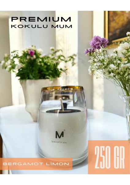 Kokulu Mum Altın Varaklı Cam Bardak Beyaz Çiçekler Bergamot 250 gr