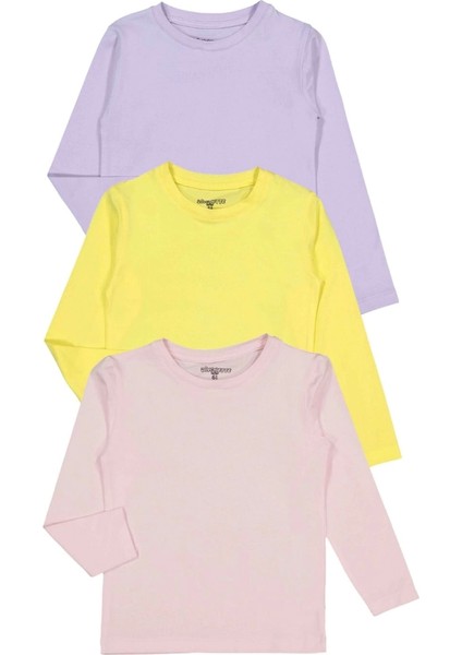 Unisex Uzun Kollu 3'lü Set Düz Renkli Tişört - Kız Erkek Çocuk