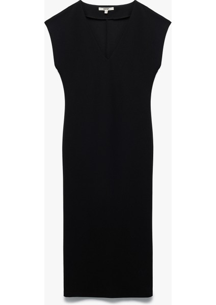 Bürümcük Kumaş Slim Fit Kolsuz Midi Boy V Yaka Bodycon Elbise