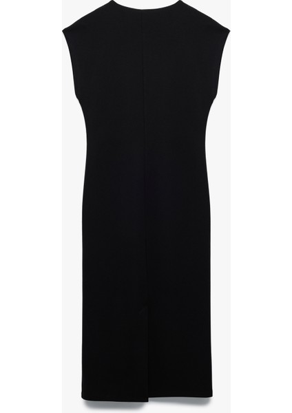 Bürümcük Kumaş Slim Fit Kolsuz Midi Boy V Yaka Bodycon Elbise