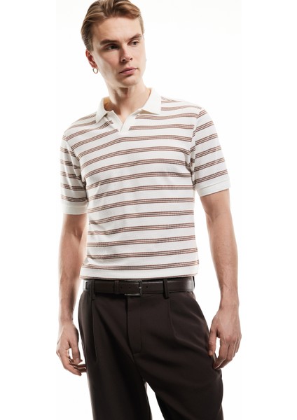 Kısa Kollu Pamuk Karışımlı Regular Fit Çizgili Polo Yaka Tişört