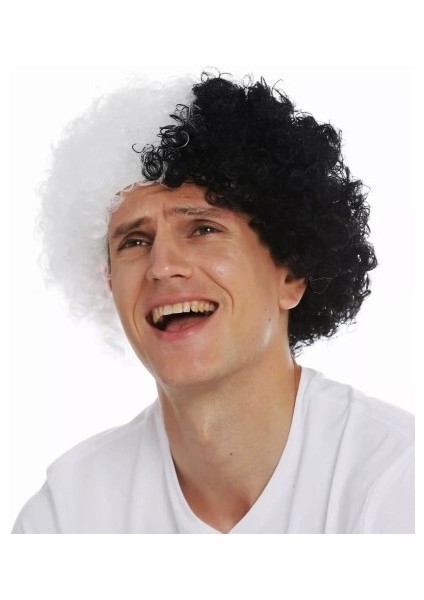 Siyah Beyaz Kıvırcık Afro Bonus Taraftar Peruğu