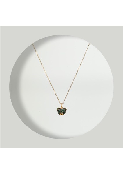 Çelik Kadın Kolye, Yeşil Ayıcık Model, Gold Renk, NO:179
