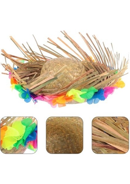 Natural Renkli Püsküllü Örme Hasır Hawaii Şapka