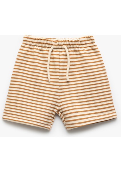 Beli Bağcıklı Pamuklu Çizgili Şort