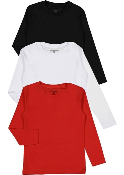 Unisex Uzun Kollu 3'lü Set Düz Renkli Tişört - Kız Erkek Çocuk