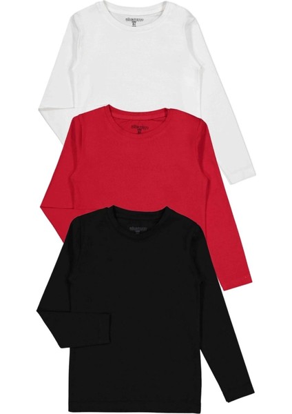 Unisex Uzun Kollu 3'lü Set Düz Renkli Tişört - Kız Erkek Çocuk