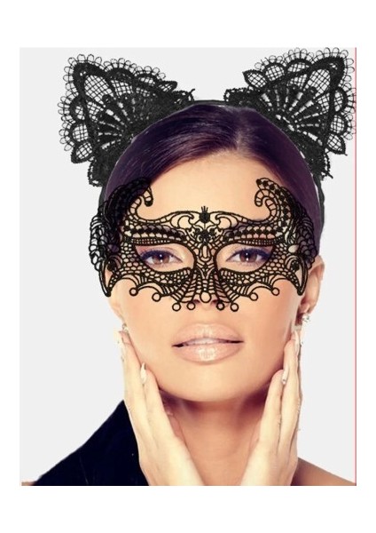 Siyah Renk Dantel Maske ve Dantel Kulak Seti Yetişkin