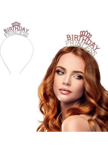 Kristal Taşlı Birthday Princess Yazılı Parti Tacı Pembe Renk