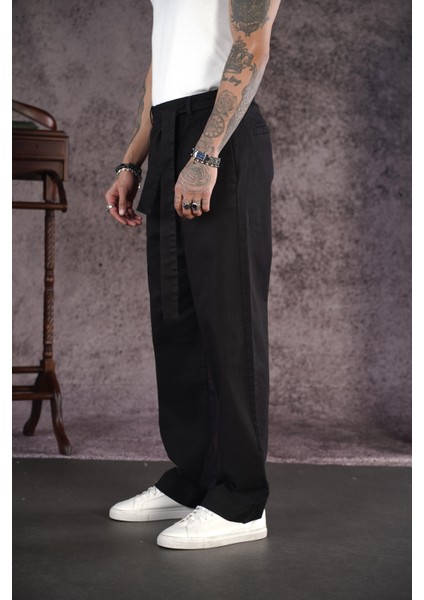Kuşaklı Baggy Kalıp Gabardin Pantolon