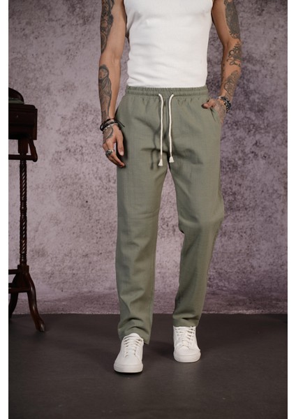 Kingbrich Beli Lastikli Kordonlu Regular Kalıp Düz Keten Erkek Pantolon