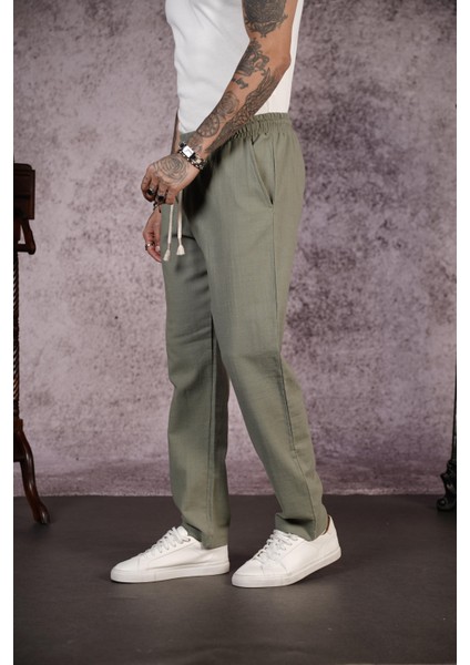 Kingbrich Beli Lastikli Kordonlu Regular Kalıp Düz Keten Erkek Pantolon modelleri