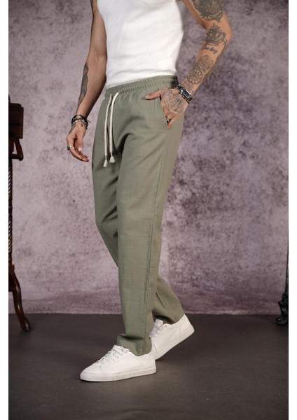 Kingbrich Beli Lastikli Kordonlu Regular Kalıp Düz Keten Erkek Pantolon fırsatları