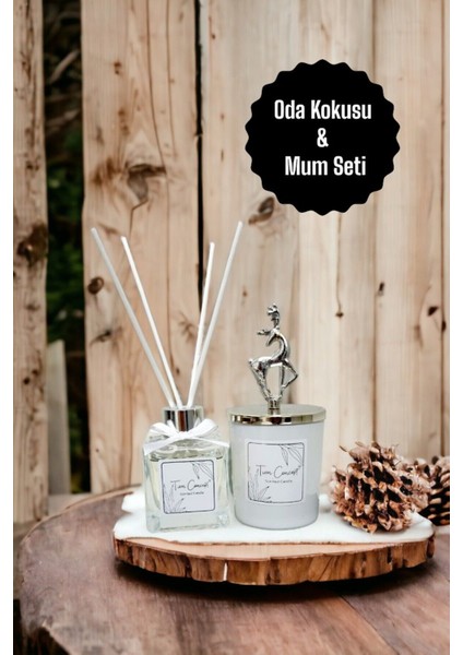Geyik Başlıklı Gümüş Detaylı Çubuklu Oda Kokusu 100 ml ve Beyaz Bardak Mum Seti