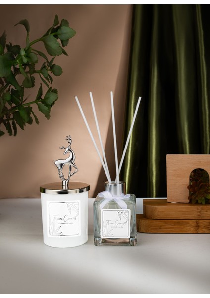 Geyik Başlıklı Gümüş Detaylı Çubuklu Oda Kokusu 100 ml ve Beyaz Bardak Mum Seti fiyatları
