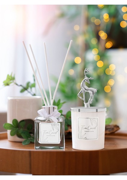 Geyik Başlıklı Gümüş Detaylı Çubuklu Oda Kokusu 100 ml ve Beyaz Bardak Mum Seti modelleri