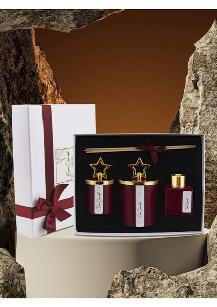 Özel Tasarım Kutulu Amber Kokulu Gold Tepelikli 3lü Bardak Mum ve Oda Koku Seti