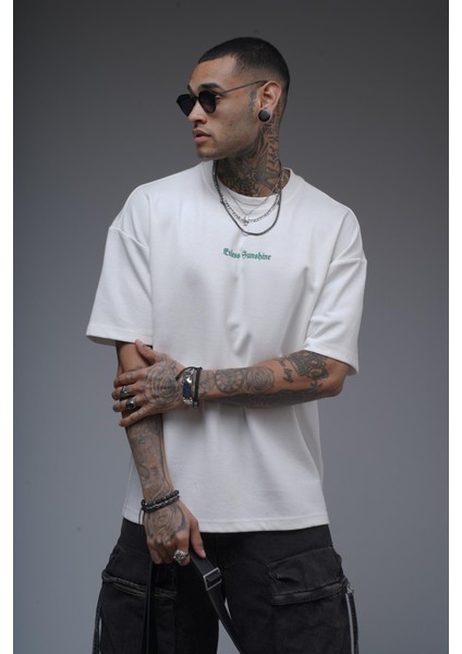 Bisiklet Yaka Sırtı Damla Baskılı Oversize Kalıp Unisex Tişört indirimleri