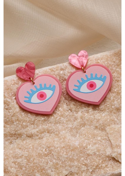 Tatlı Pembe Göz Detaylı Asetat Küpe