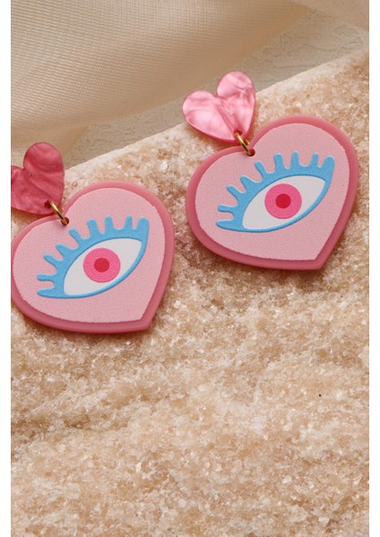 Tatlı Pembe Göz Detaylı Asetat Küpe modelleri