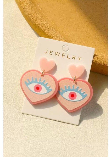 Tatlı Pembe Göz Detaylı Asetat Küpe fırsatları