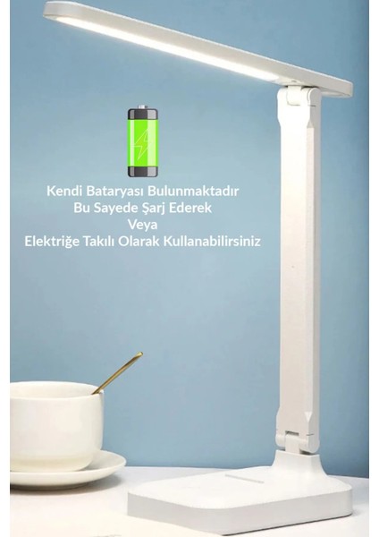 Şarjlı Masa Lambası - 3 Renk Dokunmatik Telefon Standlı 9W LED 800 Lümen USB Şarjlı