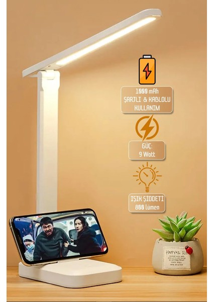 Şarjlı Masa Lambası - 3 Renk Dokunmatik Telefon Standlı 9W LED 800 Lümen USB Şarjlı