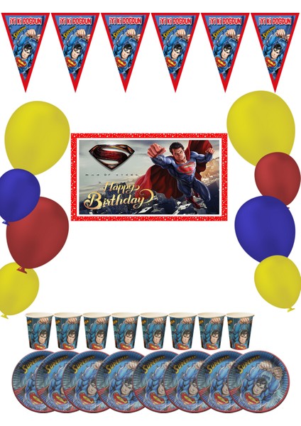 Superman Süperman Bayraklı ve Afişli 24 Kişilik Doğum Günü Parti Malzemeleri Süsleri Seti