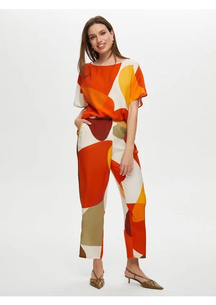 Geometrik Soyut Desen Comfort Fit Viskon Pantolon S25PNT020