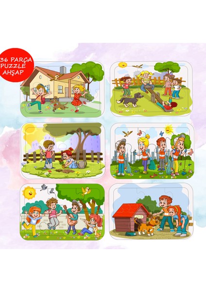 6 Adet 36 Parça Çocuk Eğlence Teması Ahşap Puzzle