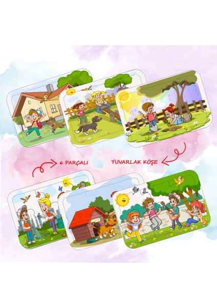 6 Adet 36 Parça Çocuk Eğlence Teması Ahşap Puzzle