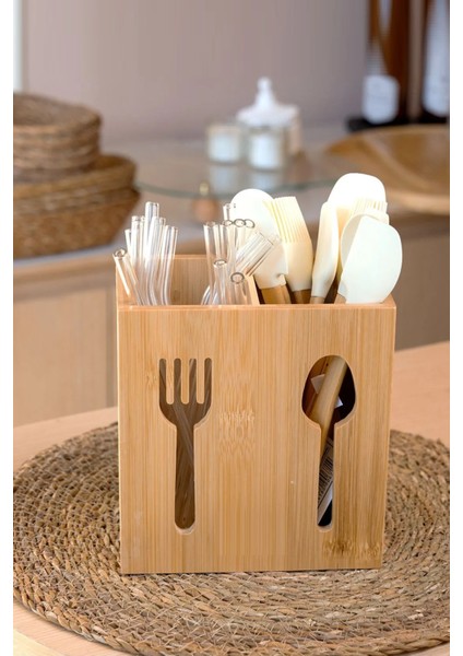 2 Bölmeli Bambu Kaşıklık, Kaşık Çatal Düzenleyici, (16,5X15,5X10,5 Cm)