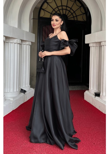 Organze Kumaş Sırtı Ipli Tasarım Elbise - Siyah