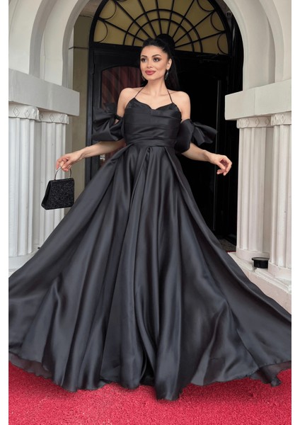 Organze Kumaş Sırtı Ipli Tasarım Elbise - Siyah fiyatları