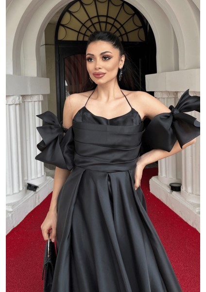 Organze Kumaş Sırtı Ipli Tasarım Elbise - Siyah modelleri