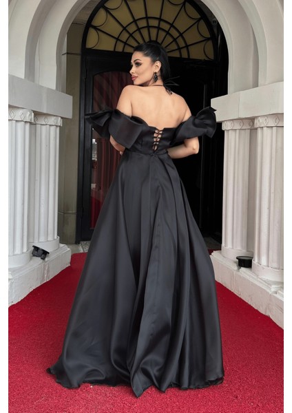 Organze Kumaş Sırtı Ipli Tasarım Elbise - Siyah indirimleri