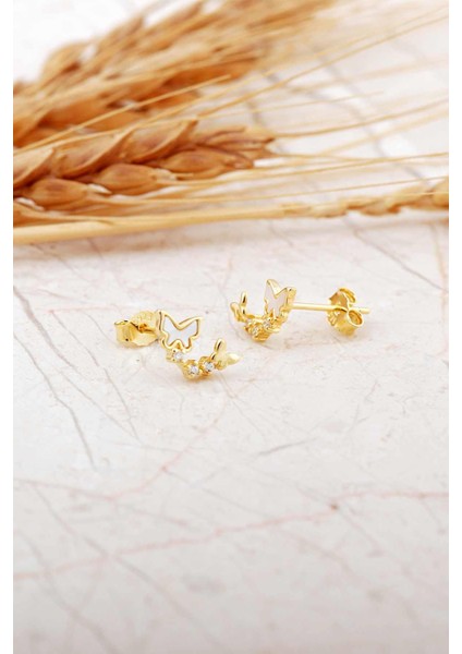 Sedef Taşlı Altın Kaplama Kelebek Mini Gümüş Küpe 7273