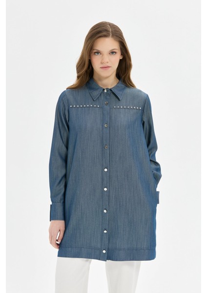 Çakma Detaylı Denim Tunik Mavi
