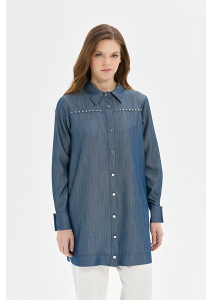 Çakma Detaylı Denim Tunik Mavi