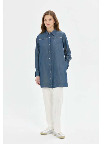 Çakma Detaylı Denim Tunik Mavi