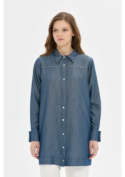 Çakma Detaylı Denim Tunik Mavi