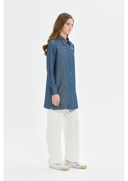 Çakma Detaylı Denim Tunik Mavi