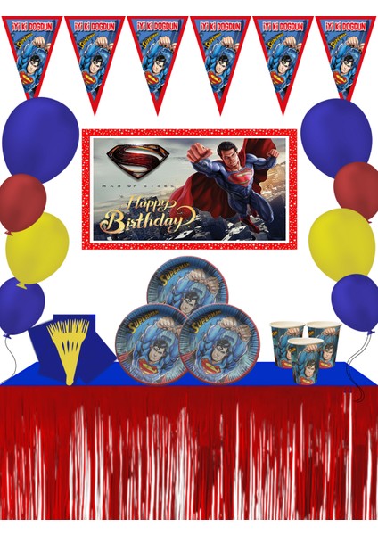 Superman Süperman Metalize Masa Etekli 8 Kişilik Doğum Günü Parti Malzemeleri Süsleri Seti