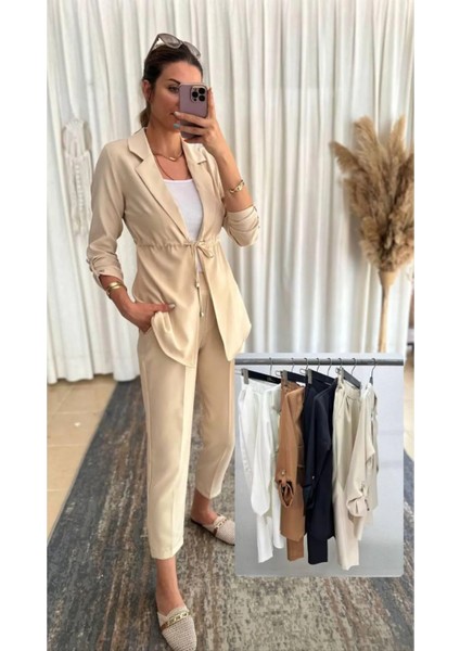 Krem Renk Double Krep Kumaş Kumaş Pantalon Ceket Takım