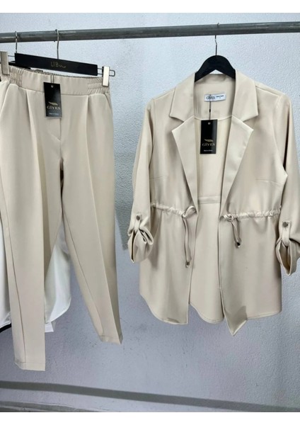 Krem Renk Double Krep Kumaş Kumaş Pantalon Ceket Takım