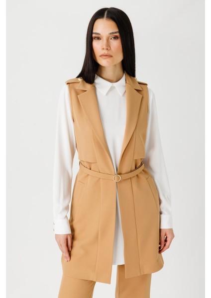 Aller Detaylı Ince Kemerli Yelek Pantolon Takım Camel fiyatları