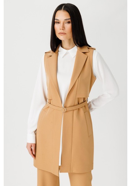 Aller Detaylı Ince Kemerli Yelek Pantolon Takım Camel modelleri
