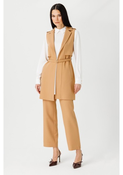Aller Detaylı Ince Kemerli Yelek Pantolon Takım Camel fırsatları