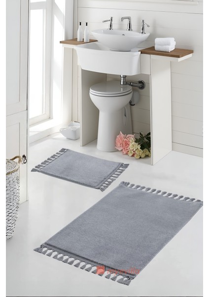 Simirna Ponpon Saçaklı Peluş Yıkanabilir Kaymaz Banyo Paspası 2'li Klozet Takımı Gri